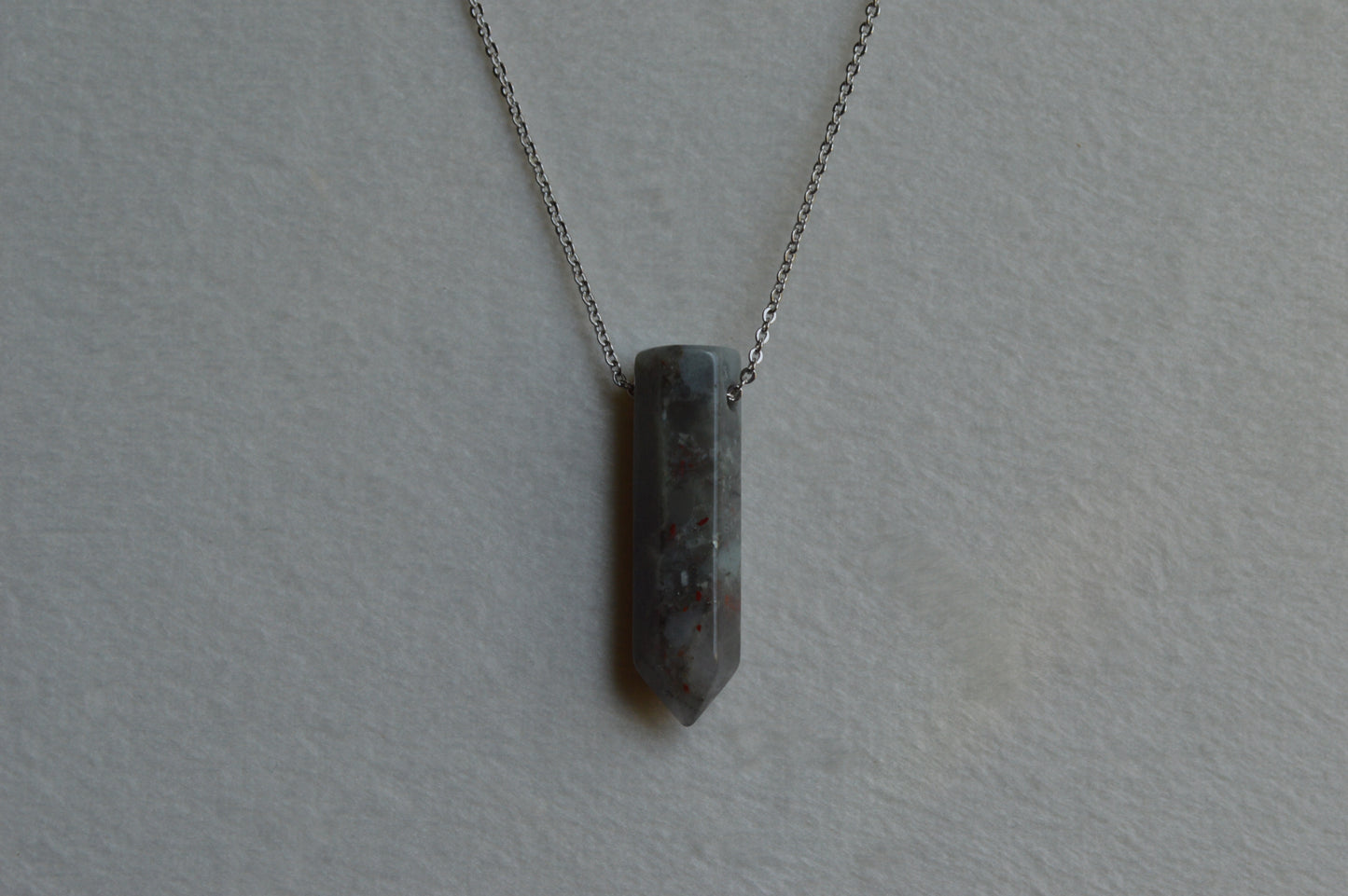 African Grey Bloodstone Crystal Bullet Point 18” Necklace w/ Adjustable Slide Bead