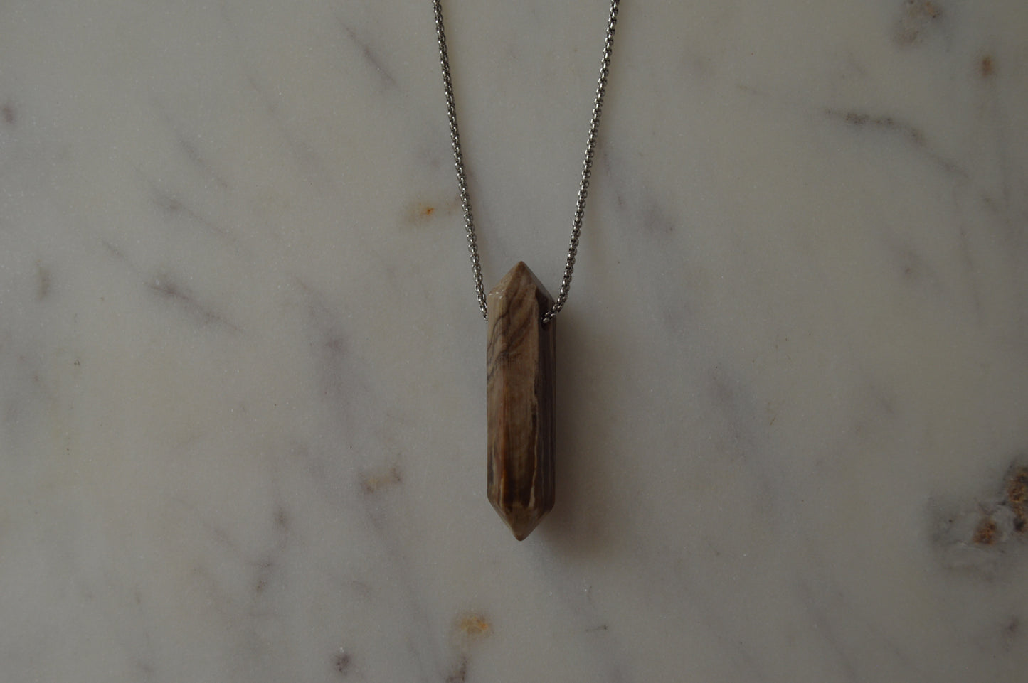 Petrified Wood Alpha Crystal Point 20” Necklace w/ Adjustable Slide Bead
