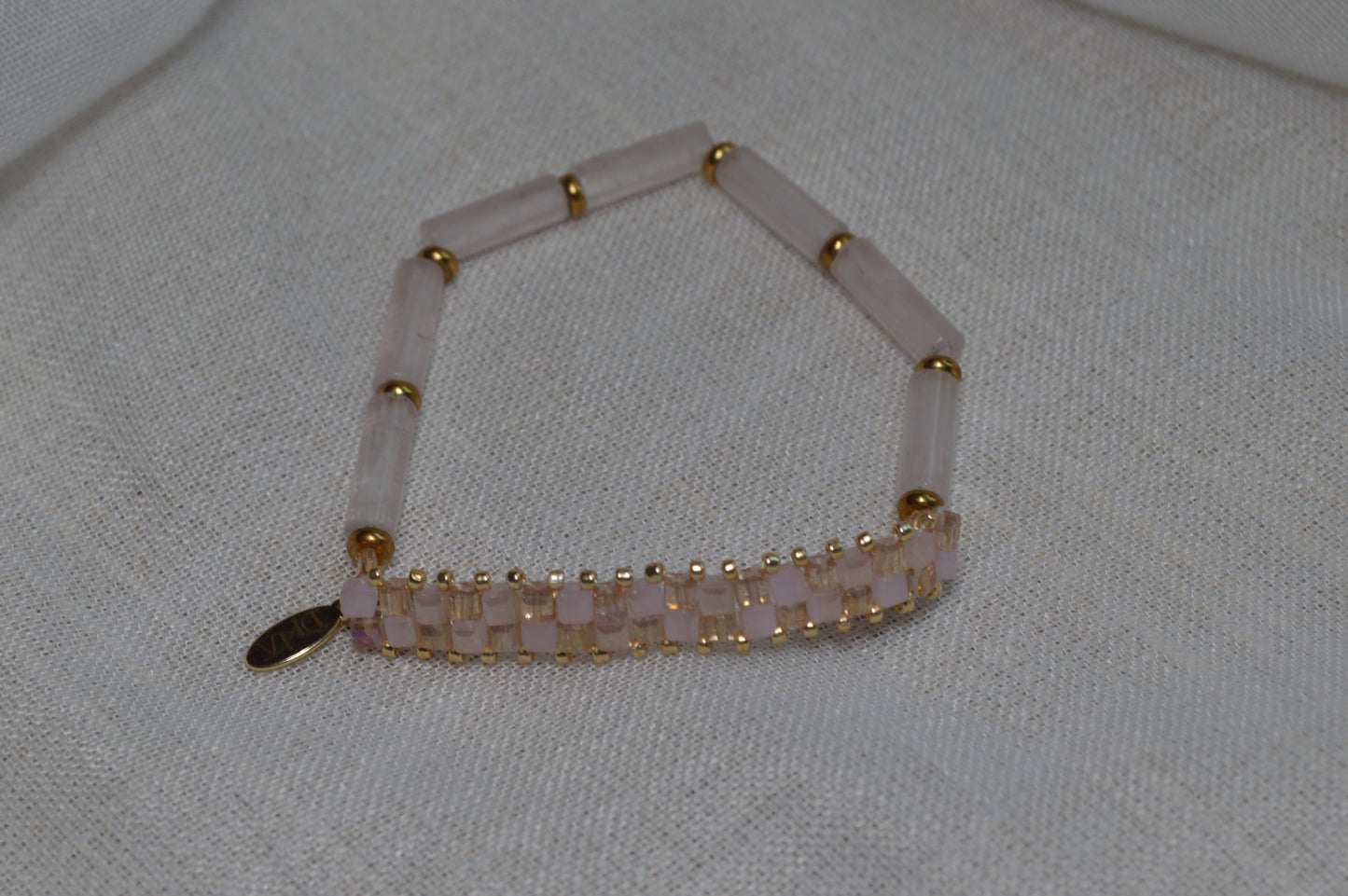 Check Me Rose Quartz Half Stretch Gold Bracelet