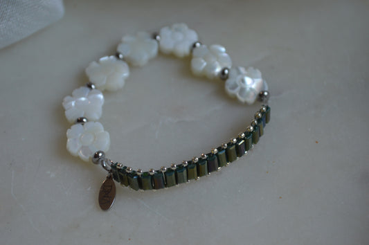 Teal Flora Stretch Silver Bracelet