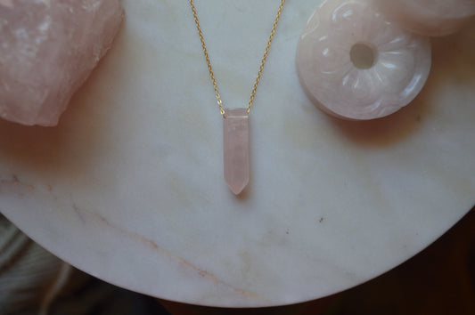 Rose Quartz Crystal Bullet Point 18” Necklace w/ Adjustable Slide Bead