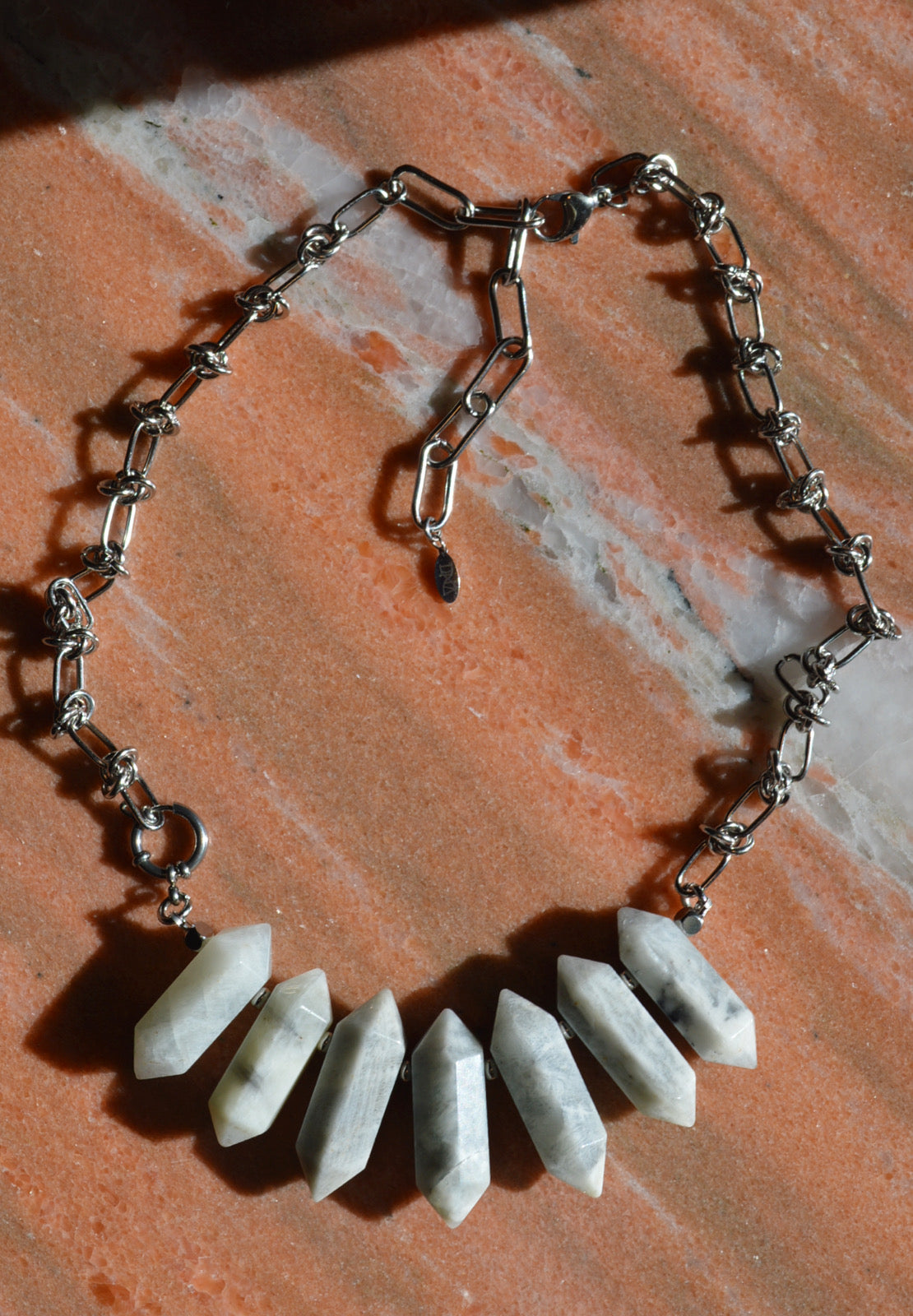 7 White Moonstones Statement Necklace (Silver)