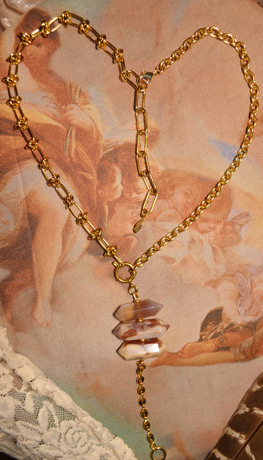 Red Botswana Agate Lariat Necklace (Gold)