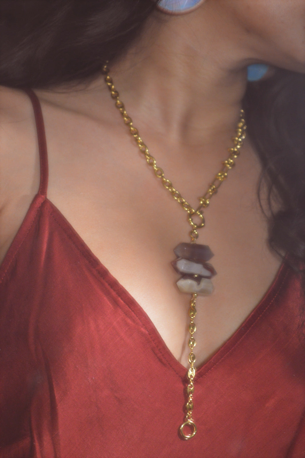 Red Botswana Agate Lariat Necklace (Gold)