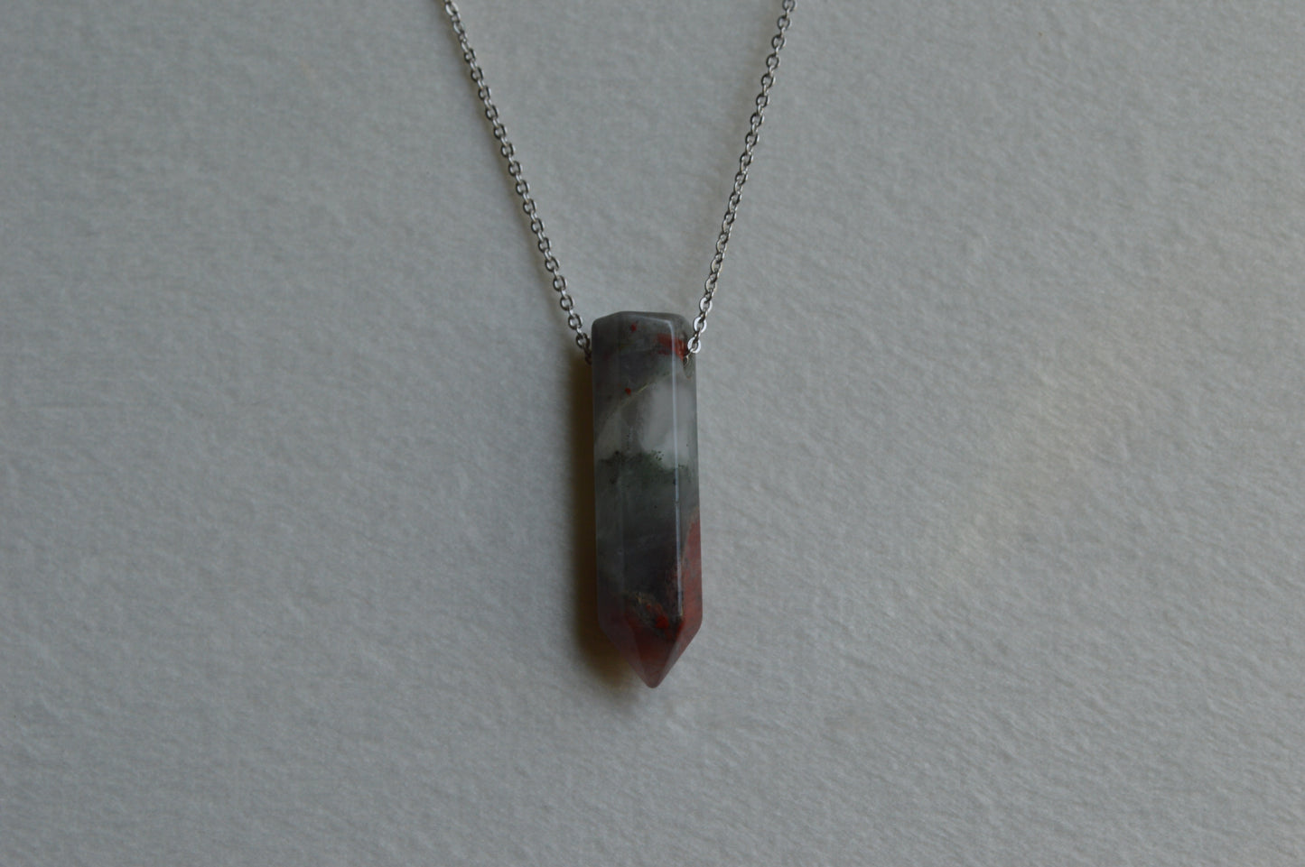 African Grey Bloodstone Crystal Bullet Point 18” Necklace w/ Adjustable Slide Bead