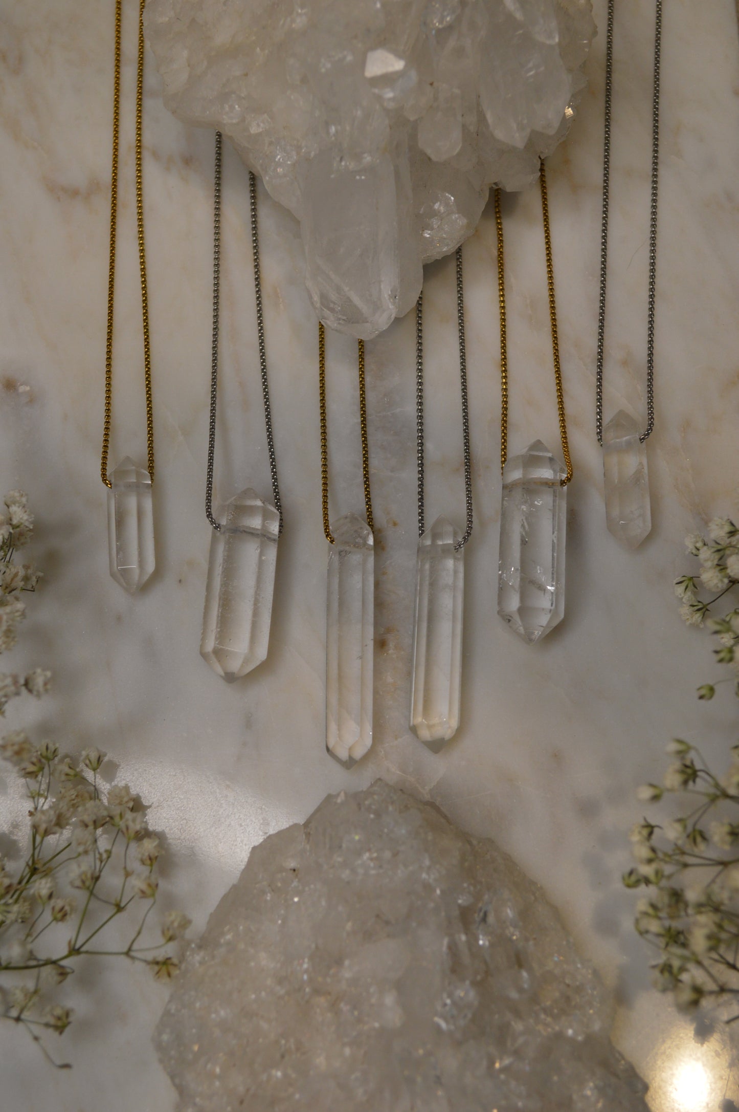 Icy Clear Quartz Crystal Point 20” Necklace w/ Adjustable Slide Bead