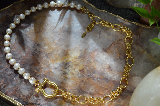 19" Shackle's Pearls & Byzantine Gold Necklace