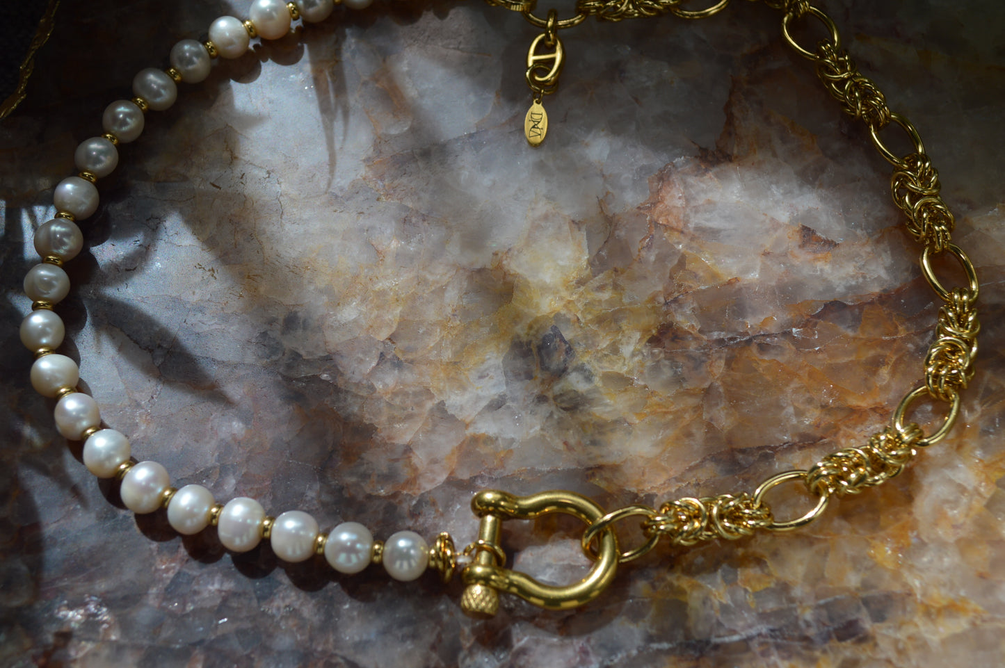 19" Shackle's Pearls & Byzantine Gold Necklace