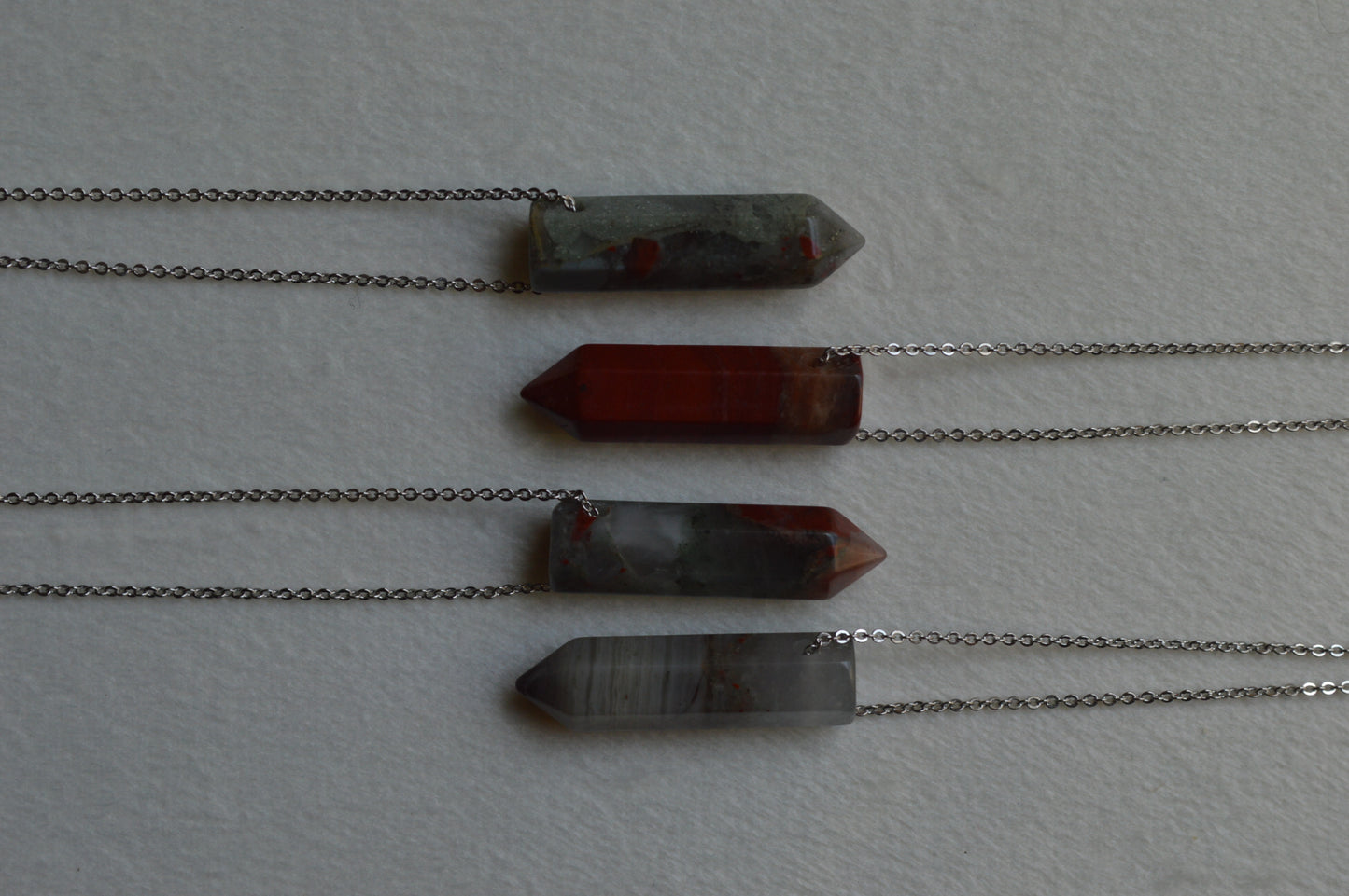 African Grey Bloodstone Crystal Bullet Point 18” Necklace w/ Adjustable Slide Bead