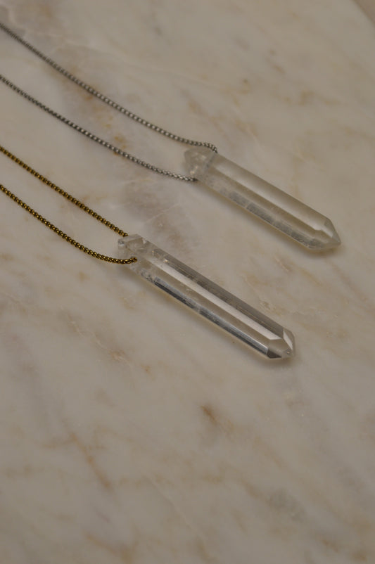 Icy Clear Quartz Crystal Point 20” Necklace w/ Adjustable Slide Bead