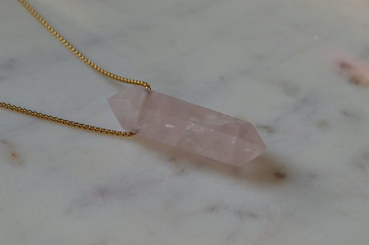 Matte Rose Quartz Alpha Crystal Point 20” Necklace w/ Adjustable Slide Bead