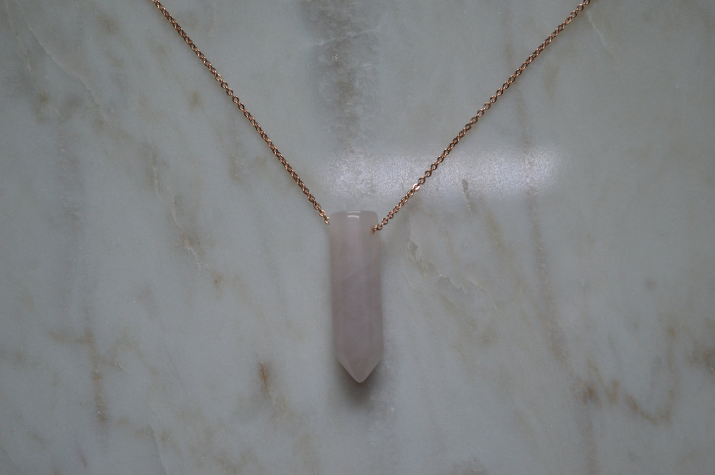 Rose Quartz Crystal Bullet Point 18” Necklace w/ Adjustable Slide Bead